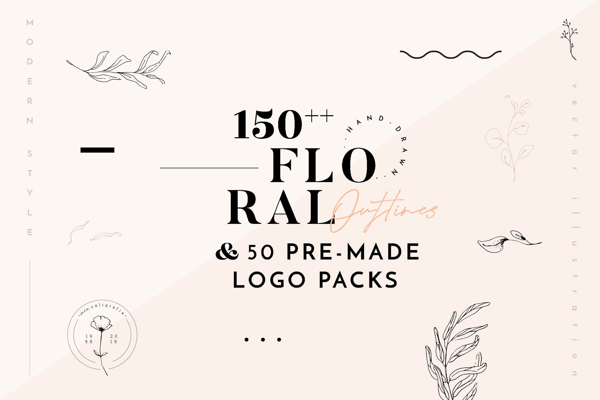 150 Floral Outline Illustration & Logo Pack with FULL rights